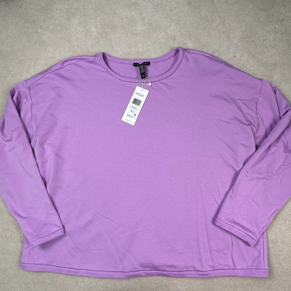 Eileen Fisher Cozy Brushed Terry Crew Neck Top Sweatshirt Womens Large Purple